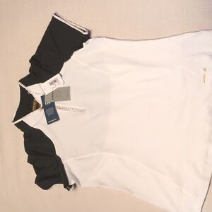 Ladies, short sleeve zip mock neck gold trim new with tags